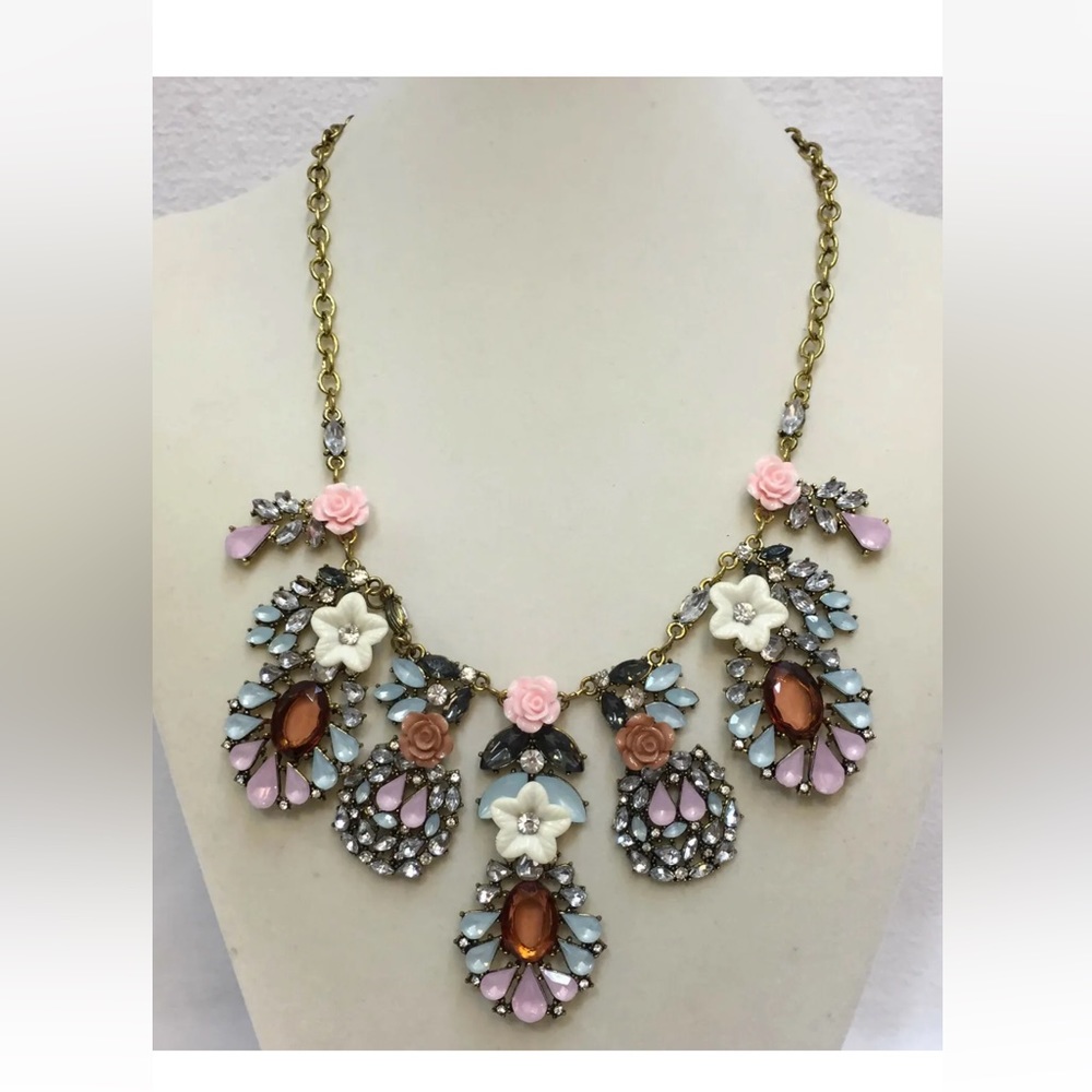 Bib Necklace Large Rhinestone Rose Floral Flower Blue Pink Gold Tone Metal 21.5"